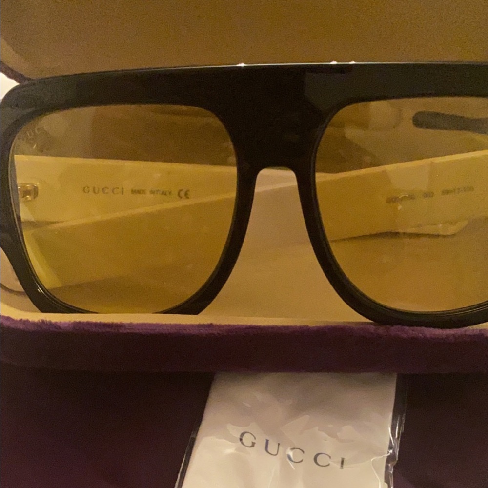 Gucci Sega 0255 Black Ivory Stripe Yellow Unisex Sunglasses GG0255S